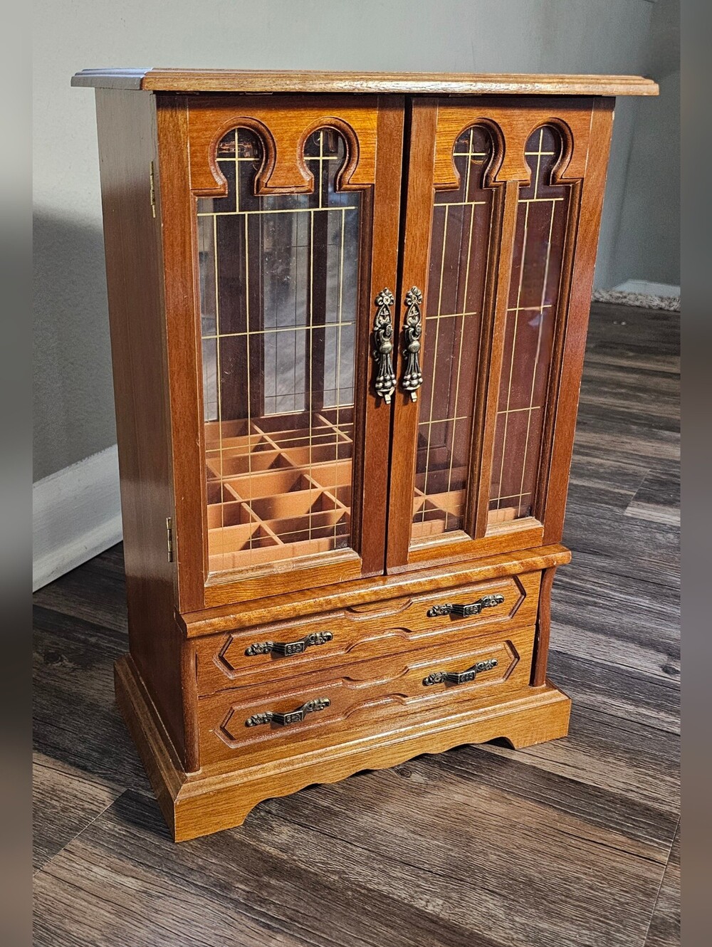 Vintage Wooden Curio Cabinet Jewelry Box With Glass Doors 11"x17"